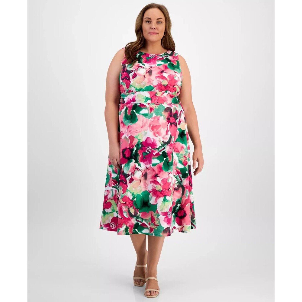 Kasper Women's Plus Size Floral-Print Sleeveless Fit & Flare Dress Multi 20W